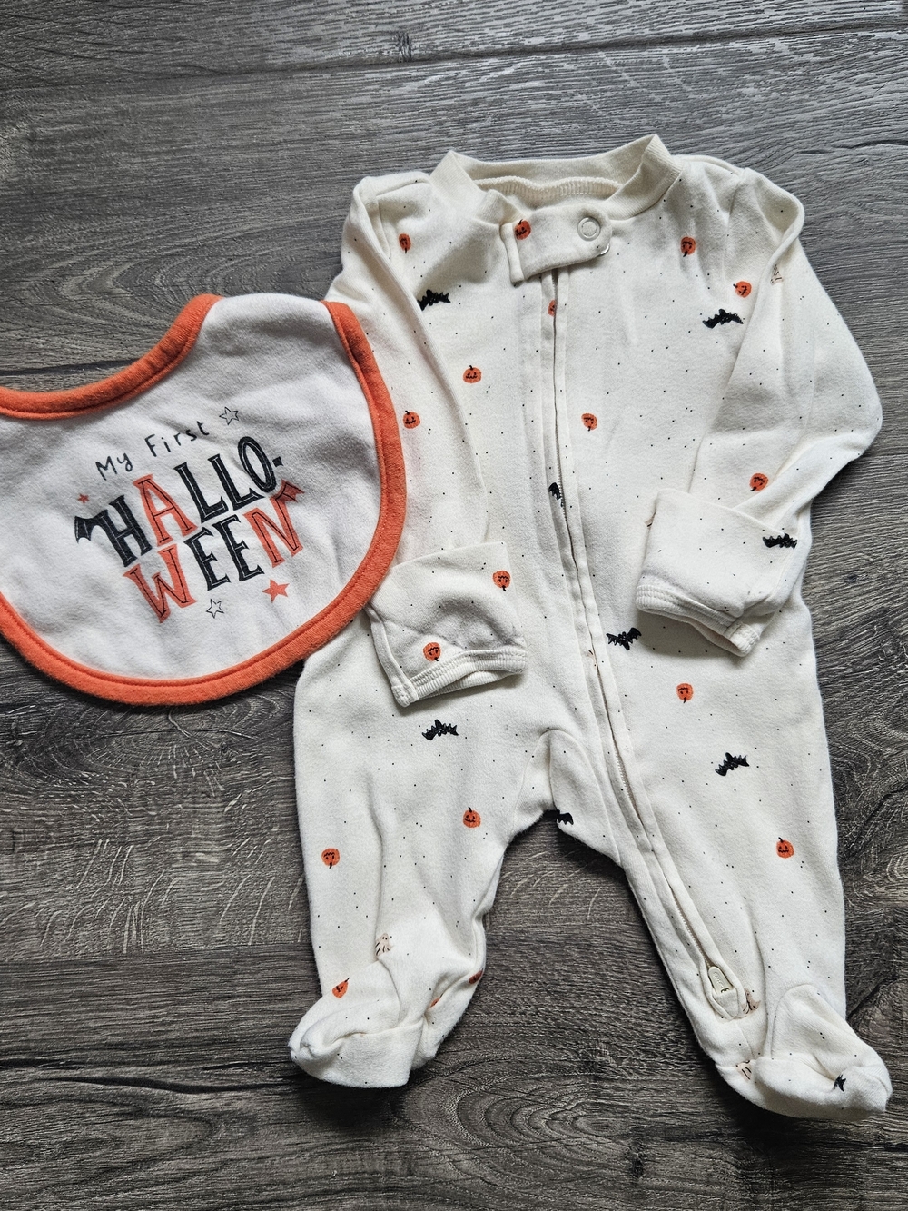 Carter's Cream Halloween Footed One-Piece with Orange-Trim Bib